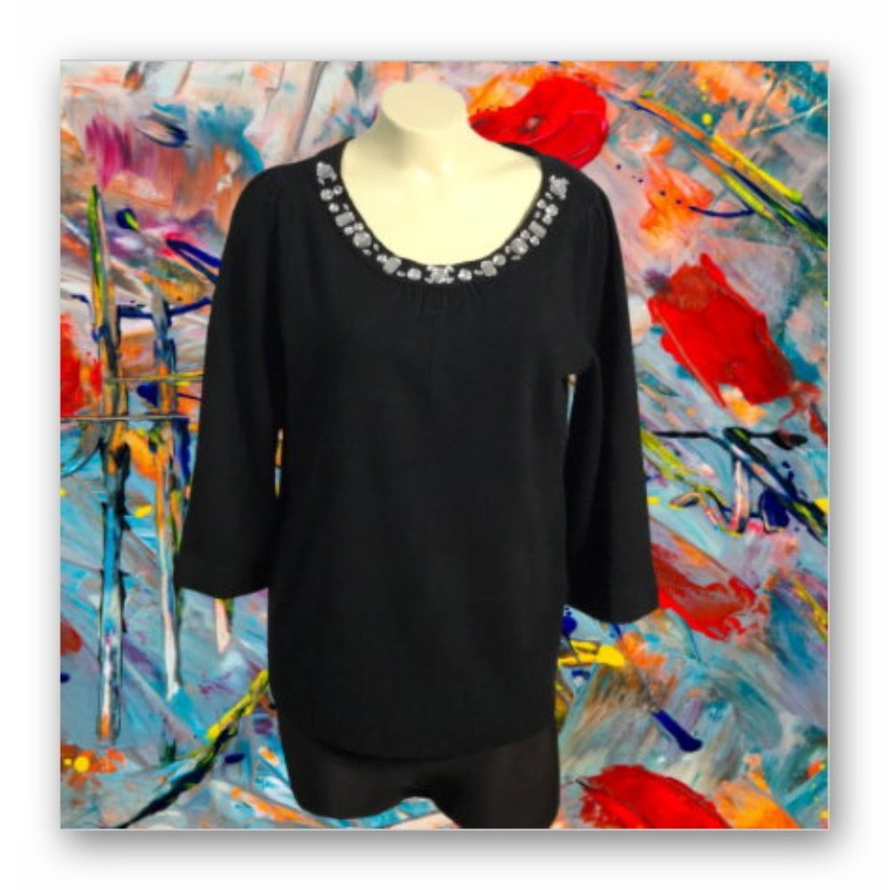 Debbie Morgan rhinestone embellished knit sweater decorative flare sleeves